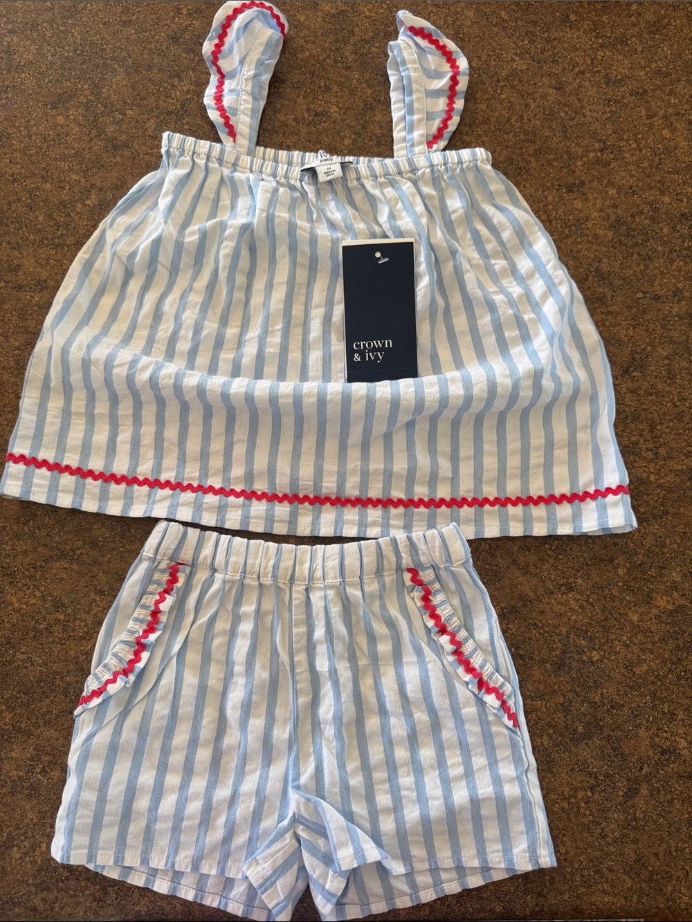crown & ivy Blue & White Striped Girls Pajama Set with Red Trim